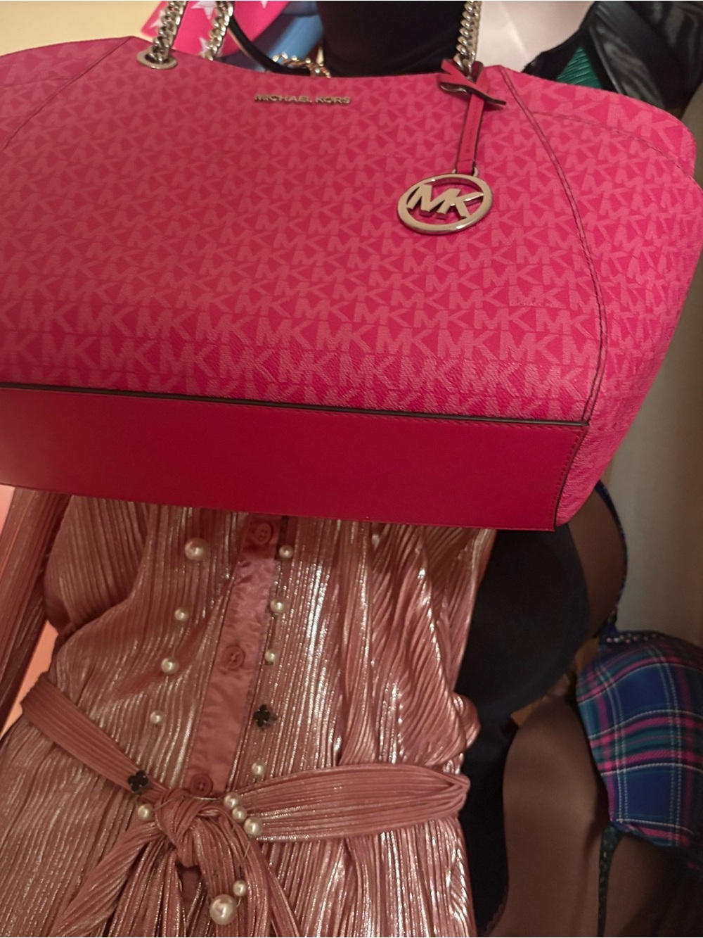 Michael Kors Hot Pink Logo Tote with Chain-Strap - Picture 4 of 5